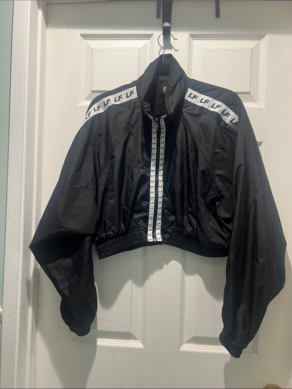 LF Black Cropped Bomber Jacket with White Logo Trim - Picture 1 of 10